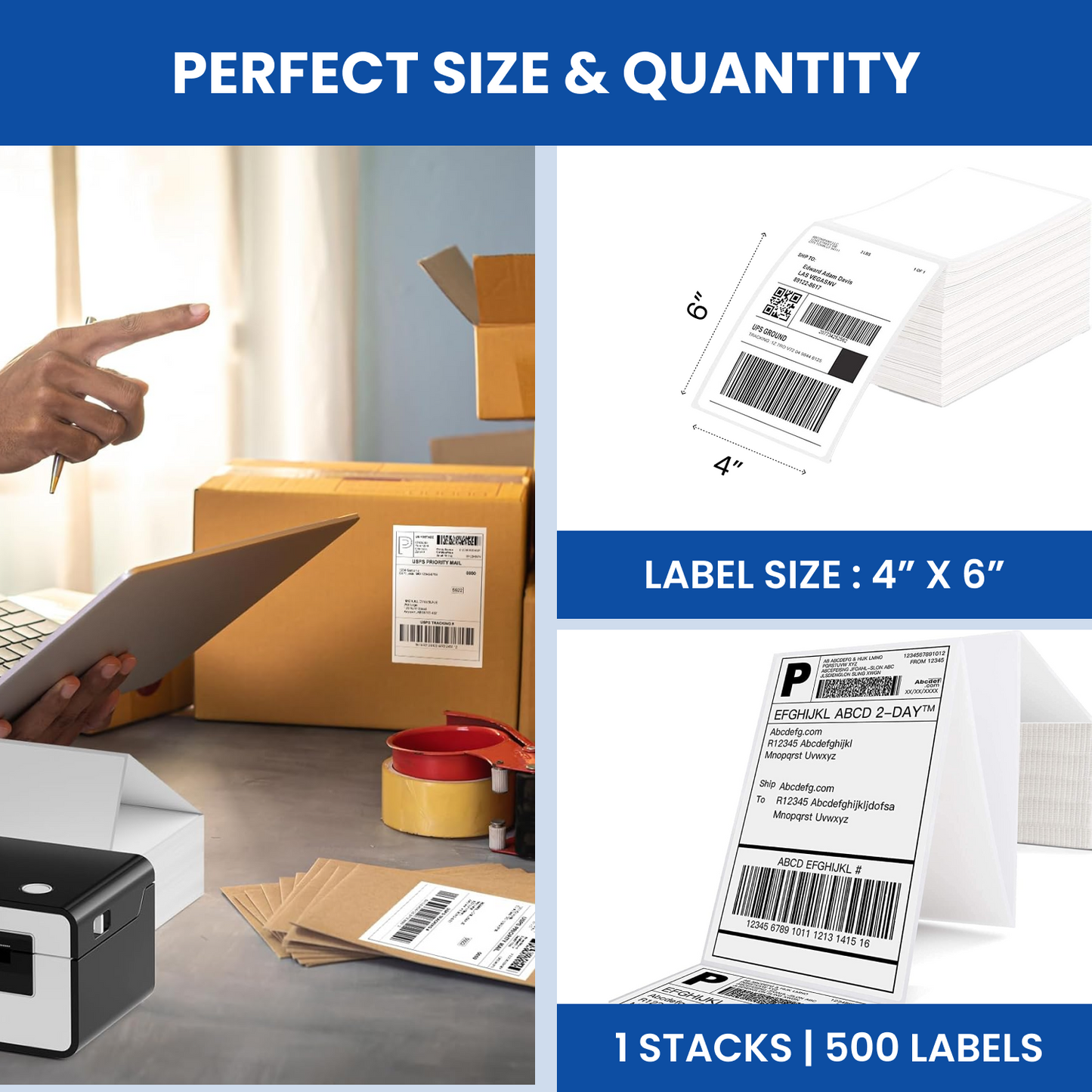 500 LABELS (1 Stack of 500 Label) 4x6 (100x150 mm) Direct Thermal Label Stack Address, Shipping, Ecommerce, Labels