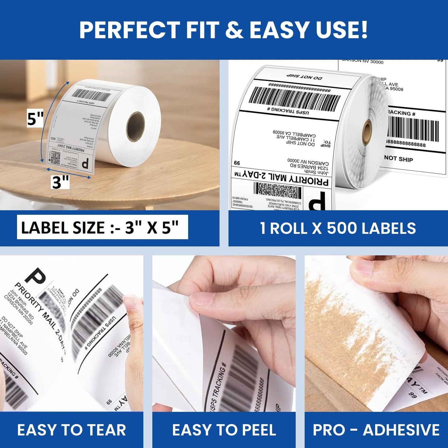 1 Roll of 500 Label 3"x5" (75 x 125 mm) Direct Thermal Label Stack Address, Shipping, Ecommerce, Labels