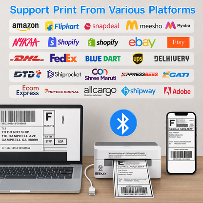 BEEKAY® USB + Bluetooth Thermal Label Printer using COMPUTER as well as Mobile Phone Using App  which can print 4×6,3x5,2x1,4x4 Adjustable Size 203 DPI,Compatible windows and mac for Shipping Barcode Label Ecommerce 1 Yr Warranty