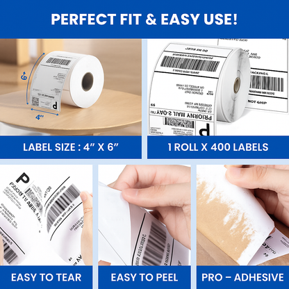 400 Label of 1 Roll of 4x6 (100x150 mm) Direct Thermal Label Stack Address, Shipping, Ecommerce, Labels