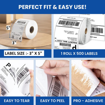 1 Roll of 500 Label 3"x5" (75 x 125 mm) Direct Thermal Label Stack Address, Shipping, Ecommerce, Labels